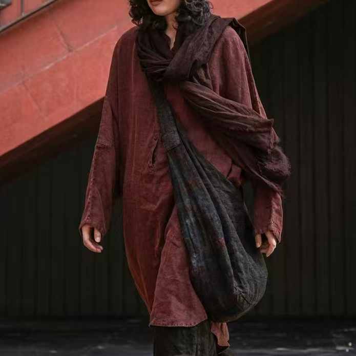 原创麻依者色织亚麻长袖无襟套头中长款衬衫2024冬M-035