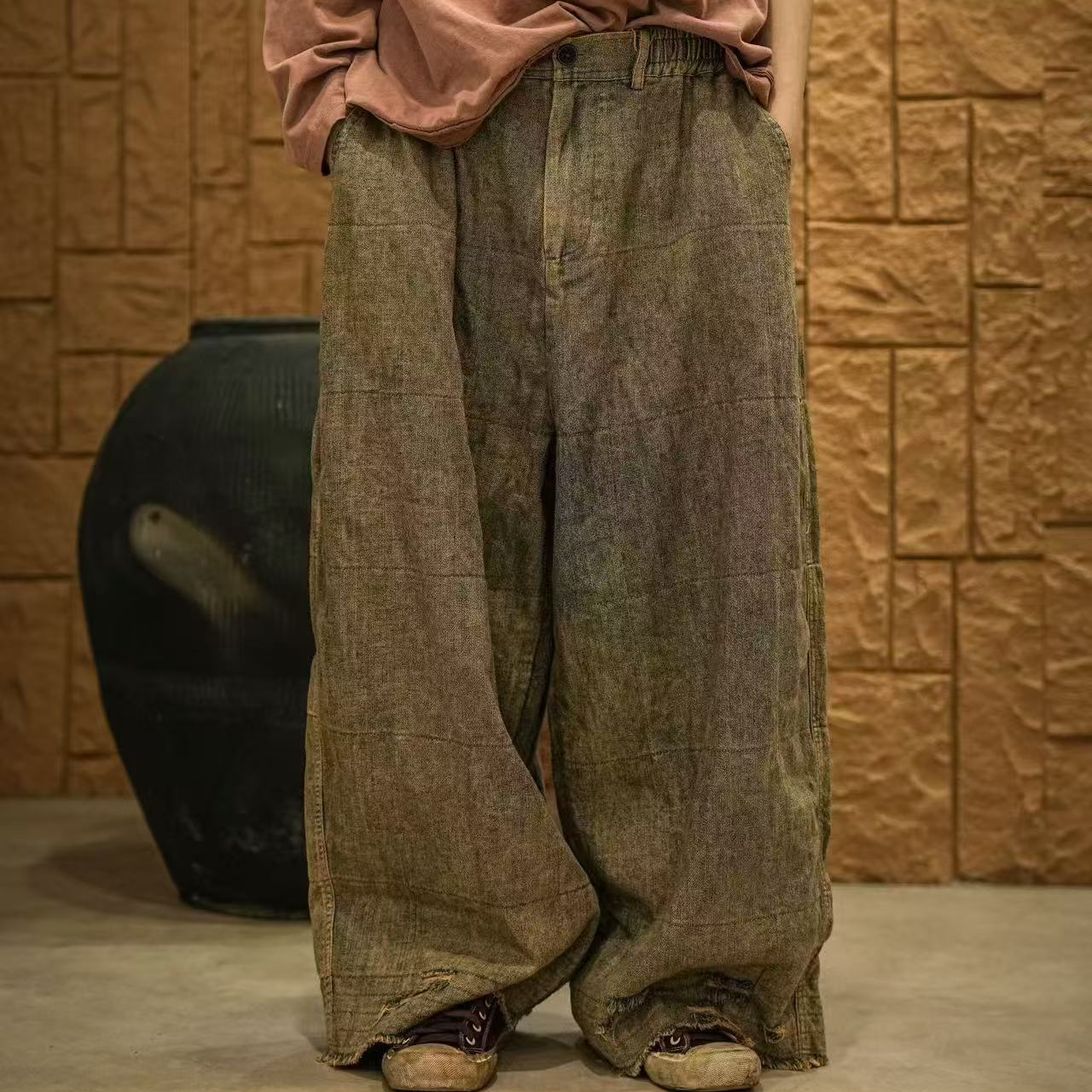 原创疯子张纯棉手工做旧双层牛仔裤08374