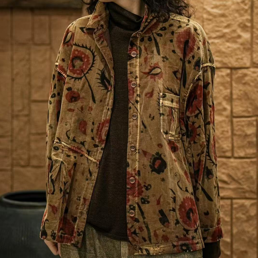 原创疯子张纯棉印花做旧短外套双层衬衣08383