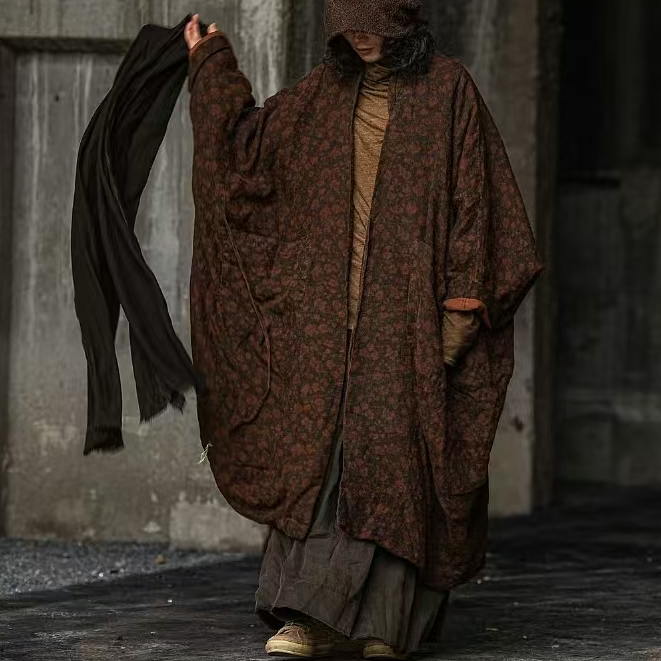 原创麻依者外麻内棉对襟长开衫夹棉长袍2024冬M-006