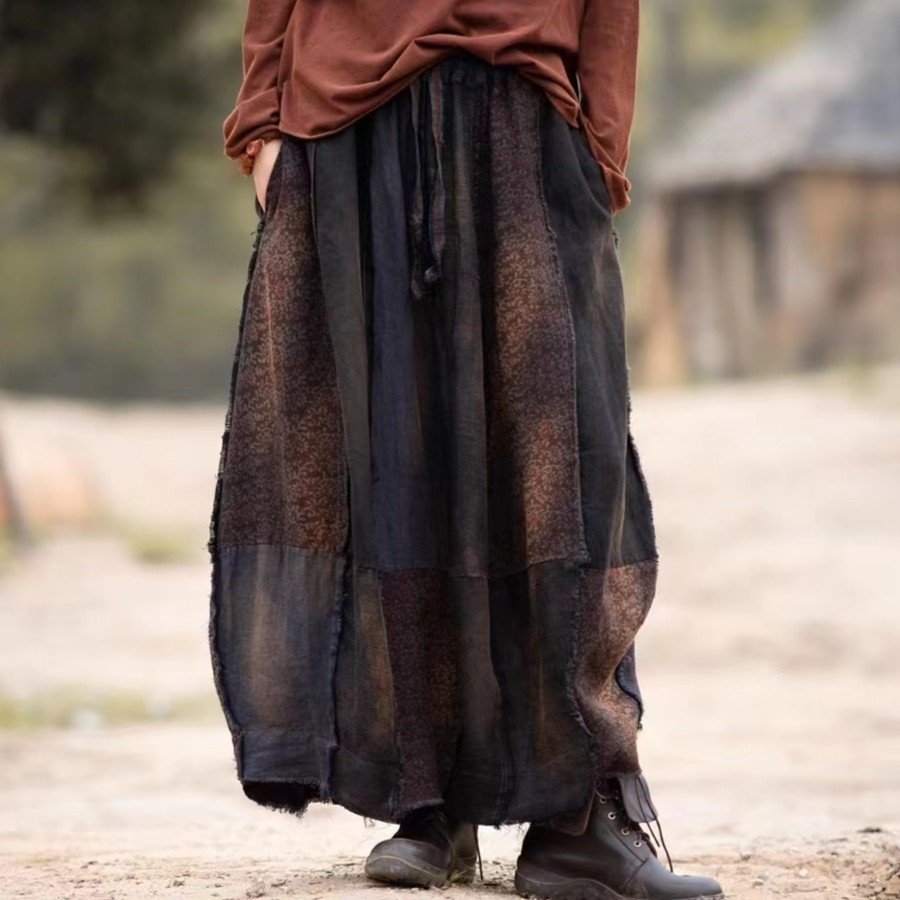 原创麻依者亚麻拼接花苞半裙2023秋1095