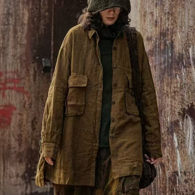 原创麻依者亚麻做旧中长款双层衬衣2024冬M-033【福利款】