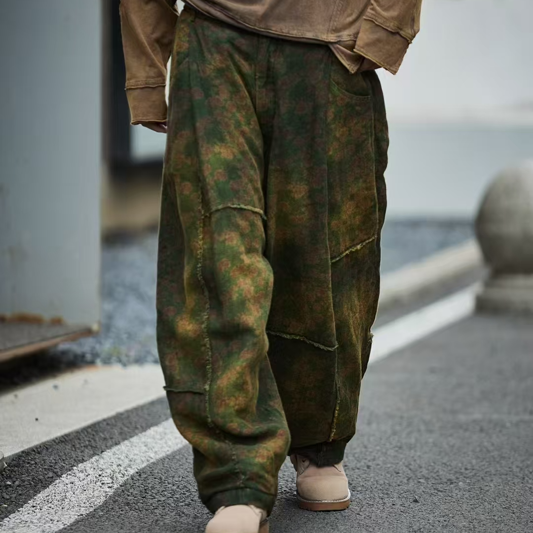 原创麻依者面麻里棉色染斑斓做旧拼接棉裤2024冬M-015【福利款】