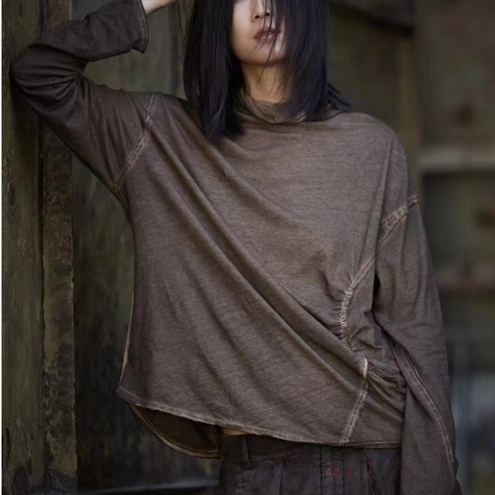 原创麻依者冷蜡染长袖高领套头打底衫T恤2023冬1159