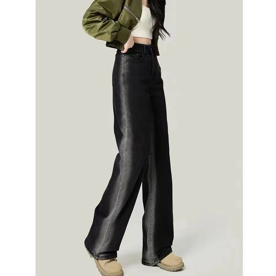 新款渐变撞色直筒拖地牛仔裤