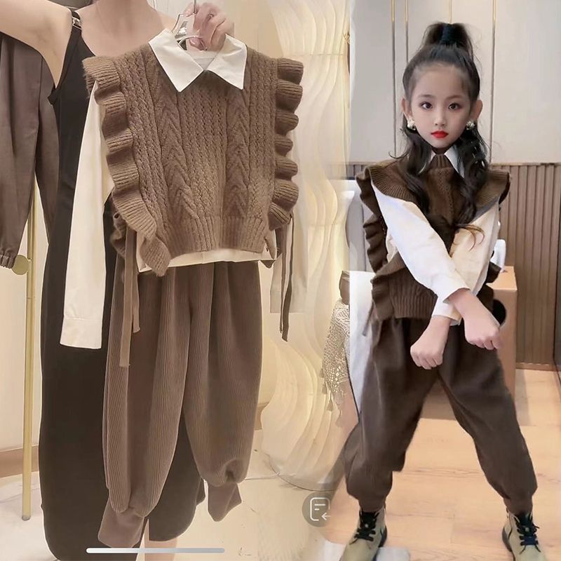 女童新款洋气荷叶边秋季毛衣女孩休闲哈伦裤中大童秋款三件套