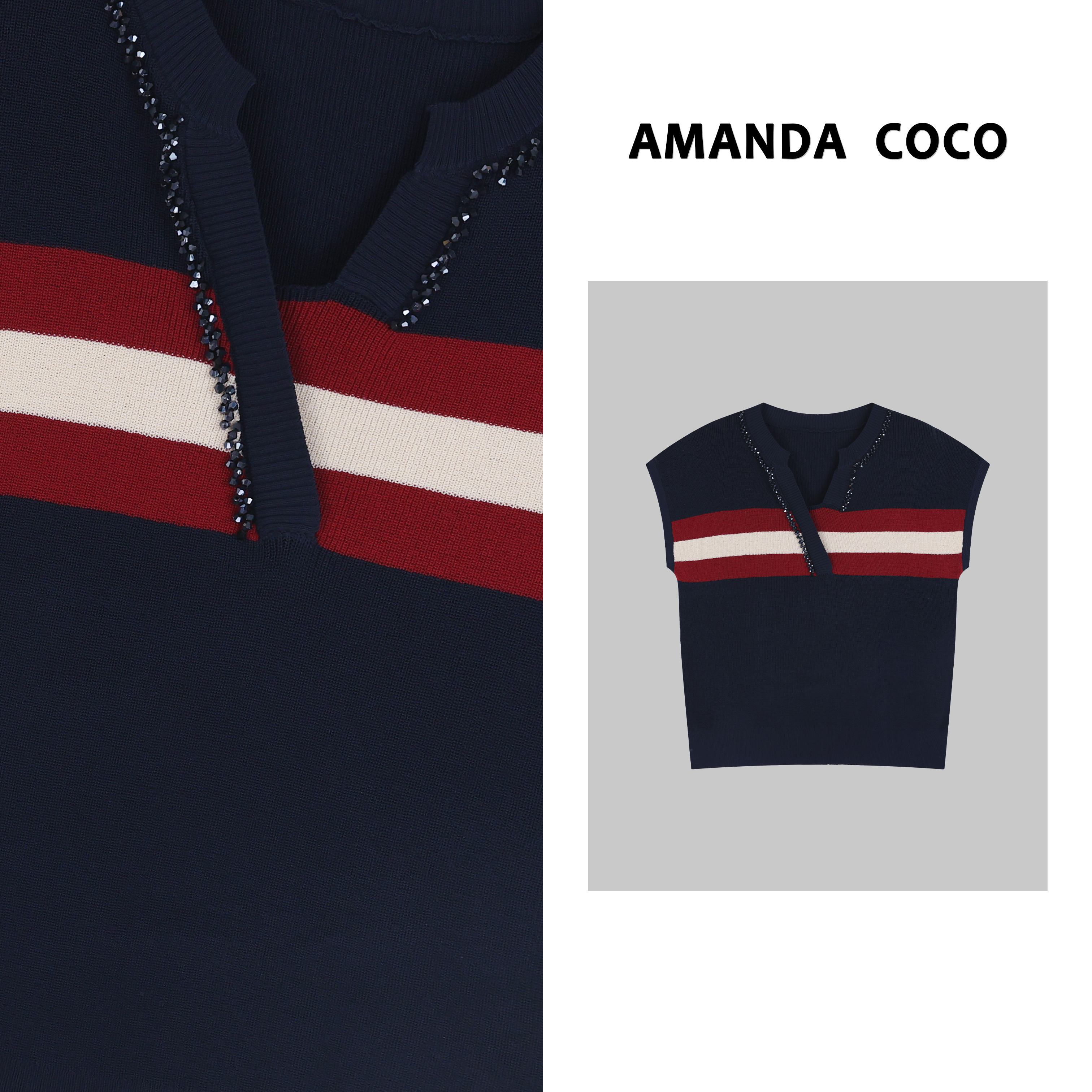 COCO | 法式优雅~高定串钻V领气质针织上衣