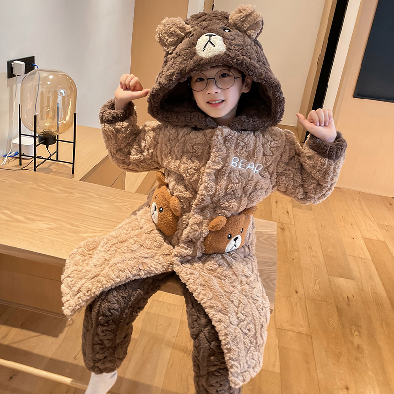 冬季儿童睡衣男童男孩三层夹棉冬天加绒加厚珊瑚绒长款家居服套装