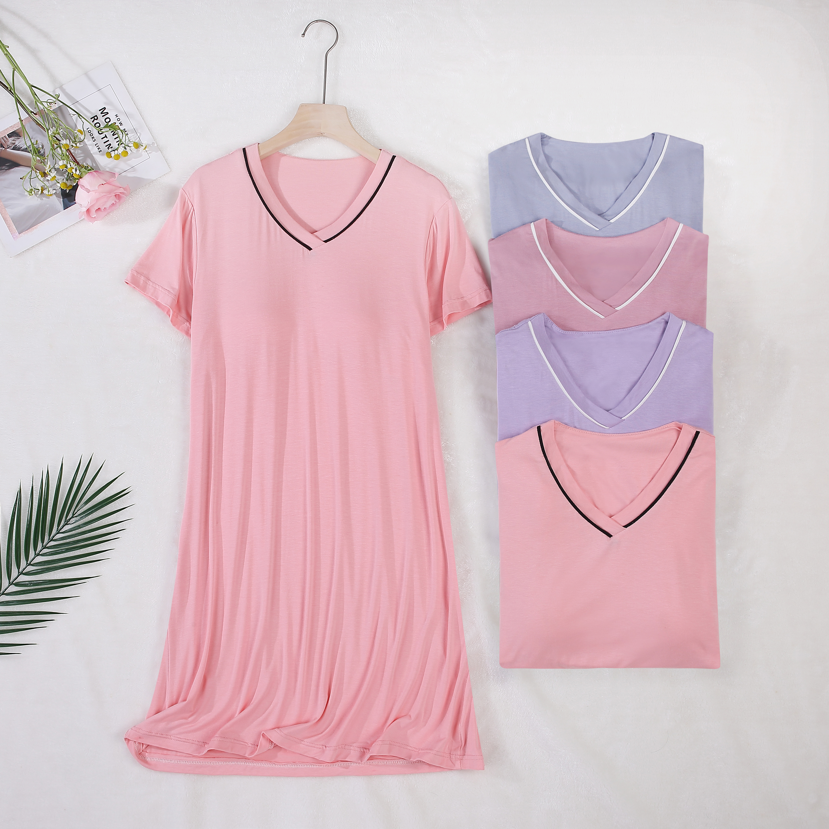 莫代尔短袖睡裙女夏季新款薄款带胸垫连衣裙孕妇睡衣家居服女