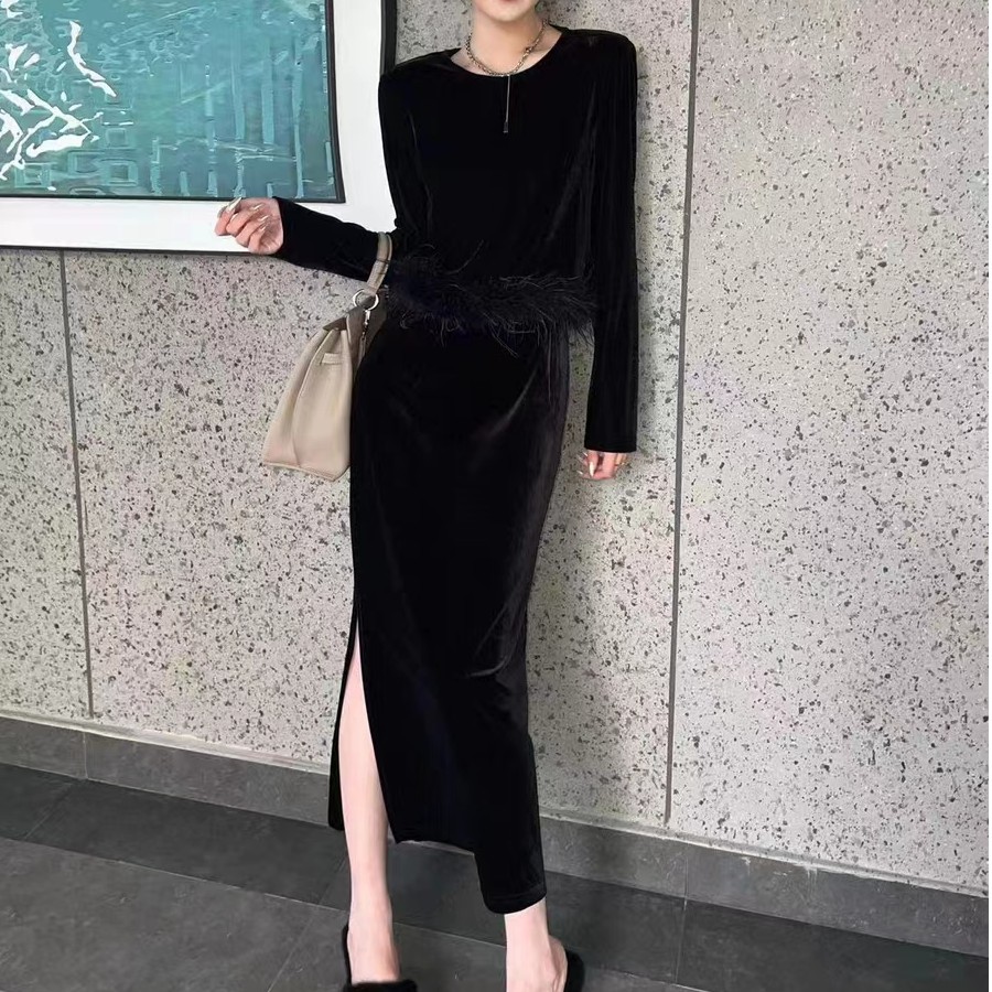 YANPING/燕苹金丝时尚气质法式轻奢长款女显瘦黑色修身套裙CX2369