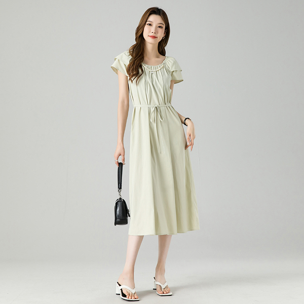 YANPING/燕苹收腰气质文艺清新飞飞袖系带设计感宽松连衣裙ZM2441