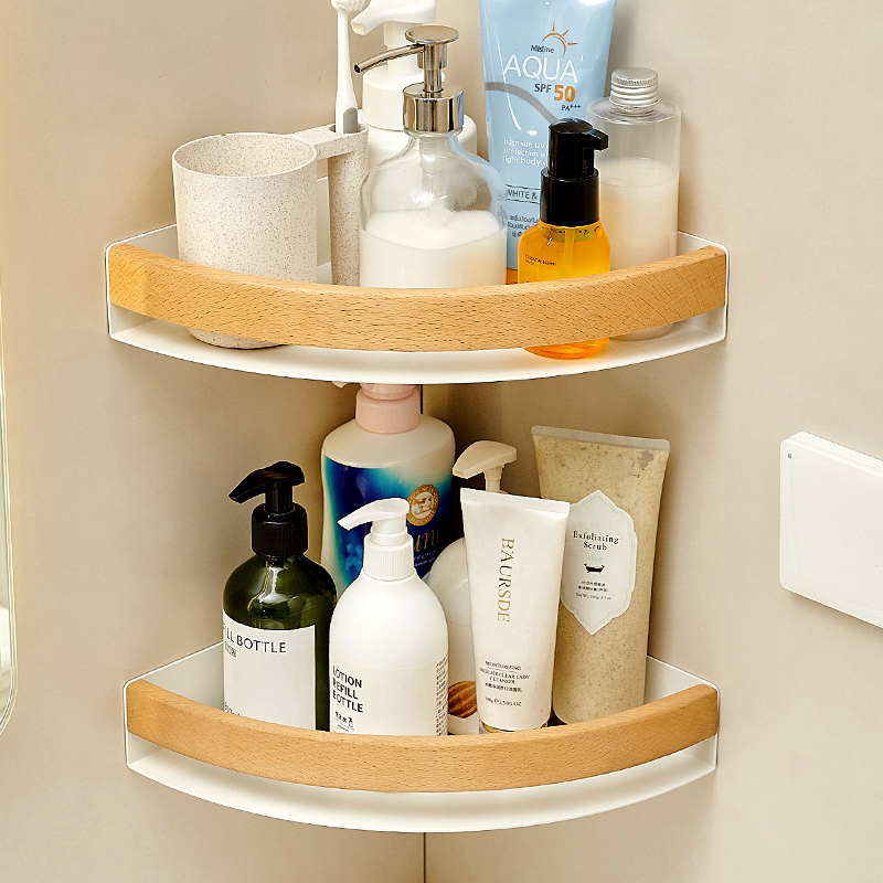 浴室卫生间置物架免打孔厕所洗手间洗漱台墙上三角收纳洗澡原木风