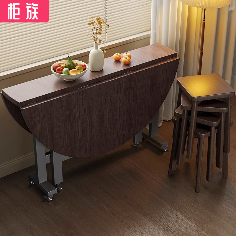 中式圆形折叠式圆桌带转盘家用折叠桌子复古小户型折叠简约餐桌椅