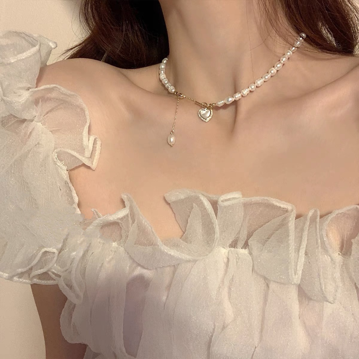 吊坠颈链跳动的心~时尚百搭珠珠爱心项链女轻奢设计感简约仙气ins