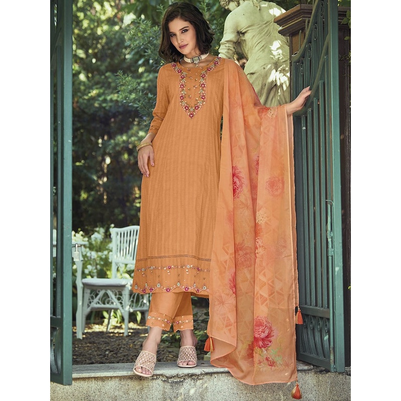 海外购不退换 现货 纯棉橙色刺绣设计连衣裙套装 印度标准码