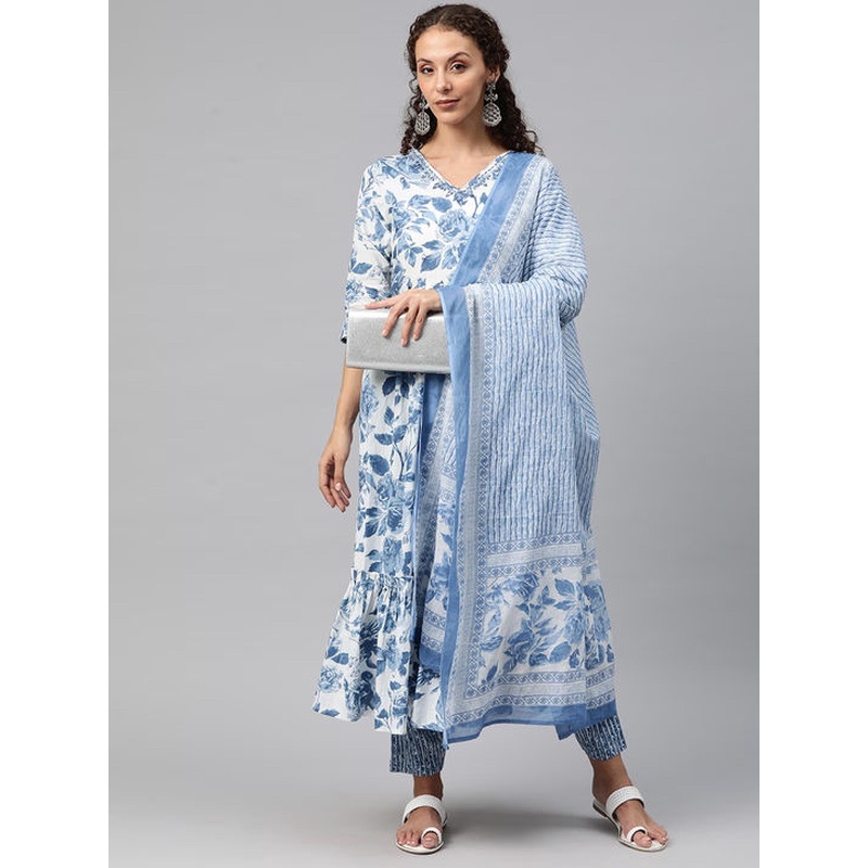 现货 印度纯棉蓝拓印镜片刺绣库塔裤子围巾