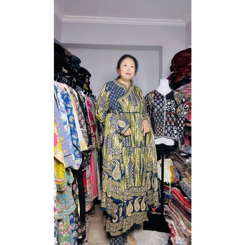 现货 印度长绒细棉绿蓝混合仿汉服连衣裙裤子围巾套装