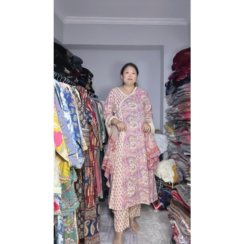 现货 印度纯棉粉色印花仿汉服连衣裙裤子围巾套装