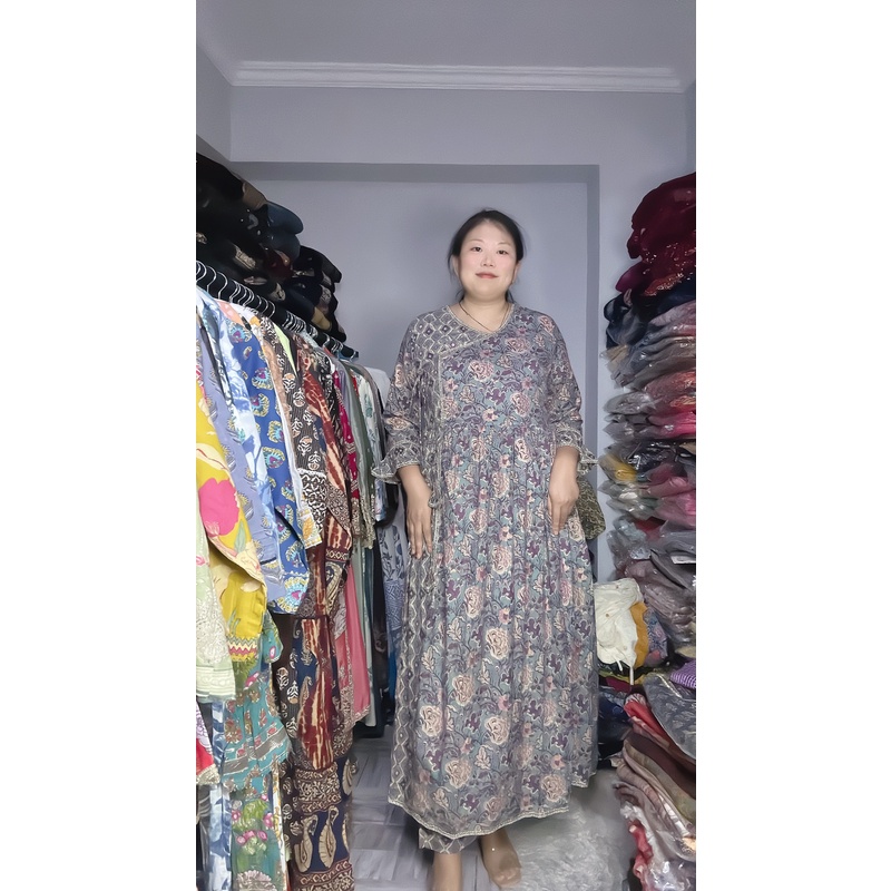 现货 印度纯棉蓝绿底紫花一片式系带仿汉服连衣裙裤子围巾套装