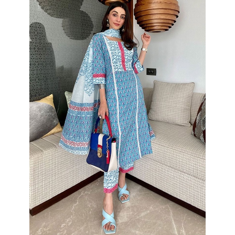 现货 印度浅蓝色纯棉库塔裤子围巾套装