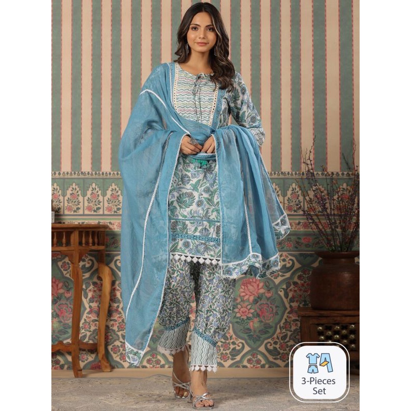 现货 印度蓝色Jaipuri植物拓印特色库塔套装 海外购不退货