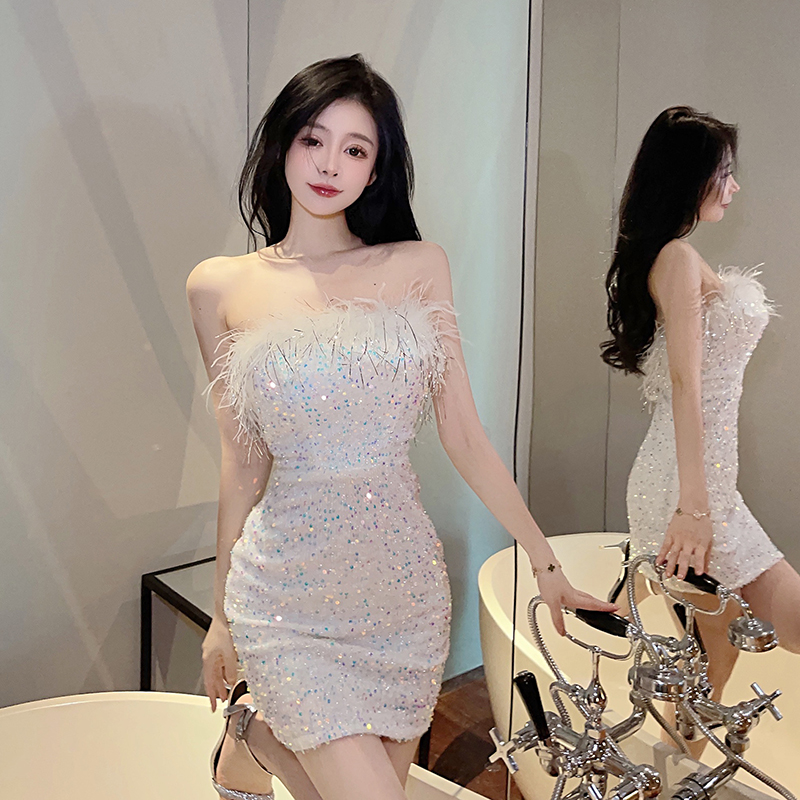 法式甜美减龄晚礼服高级感名媛气质亮片闪闪拼接毛毛抹胸连衣裙夏