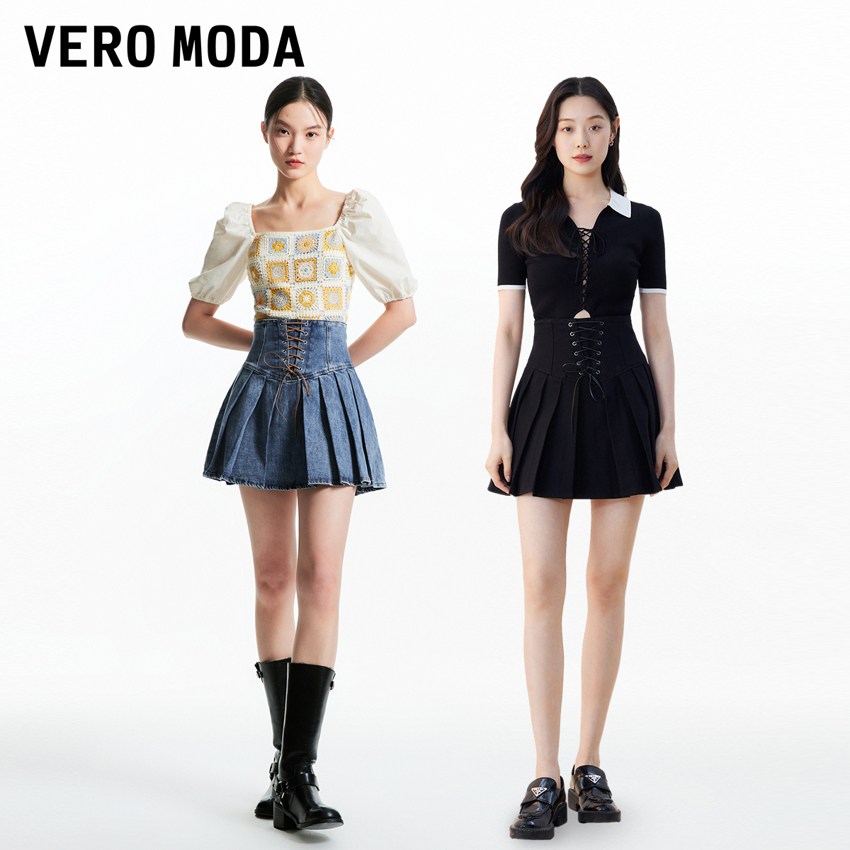 Vero Moda2025新款经典牛仔半身裙女高腰百褶短裙女324137024