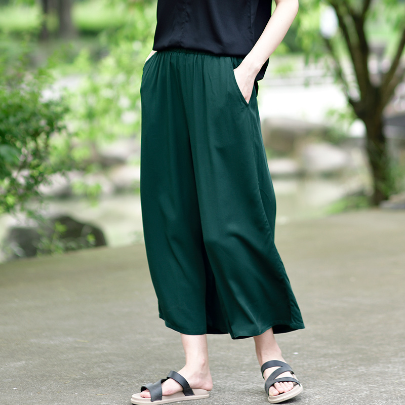 棉绸阔腿裤女2025夏季新款九分裤薄人造棉宽松休闲纯色外穿阔脚裤