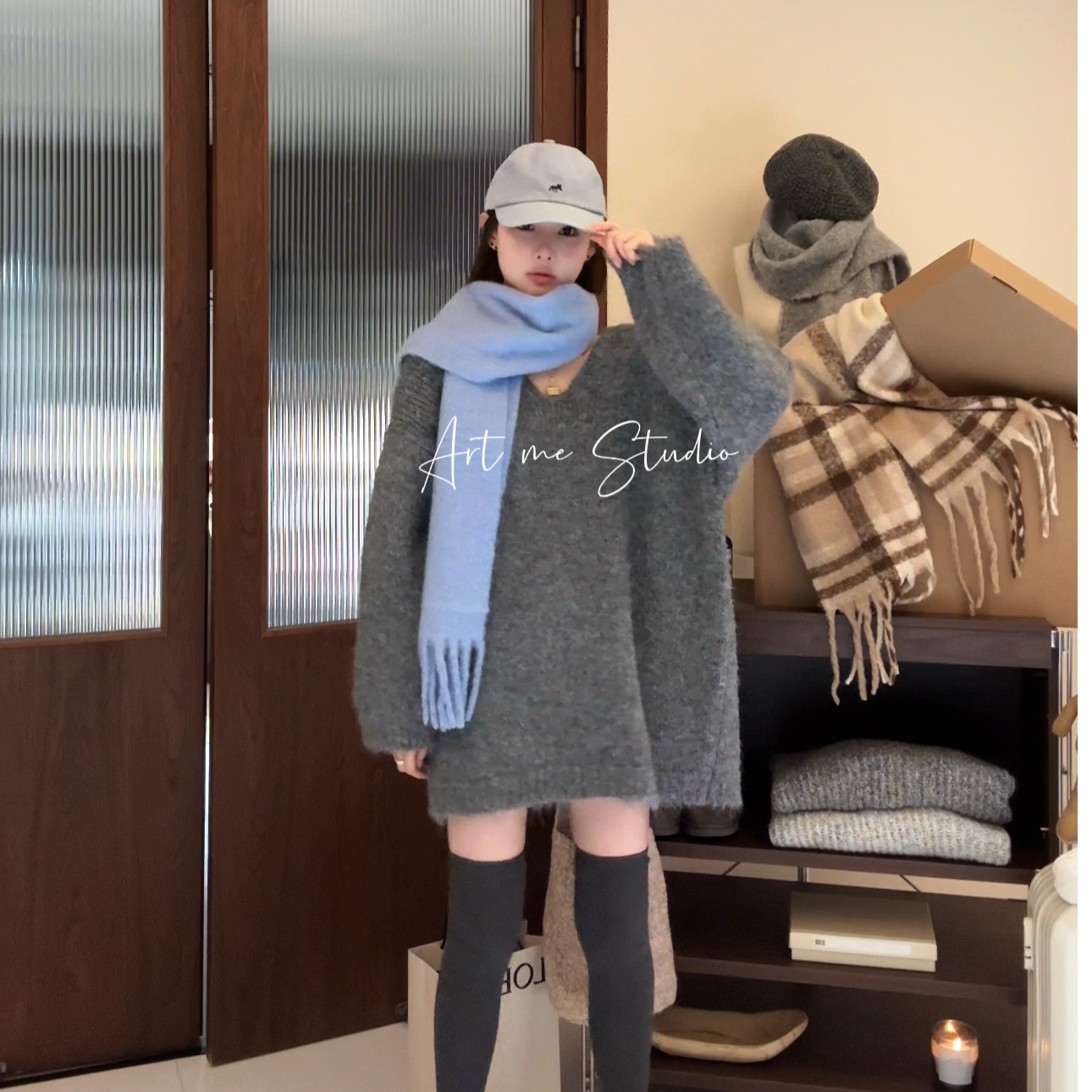 Artme瓜瓜呀【V领松弛版两色加厚保暖针织毛衣上衣】w24182