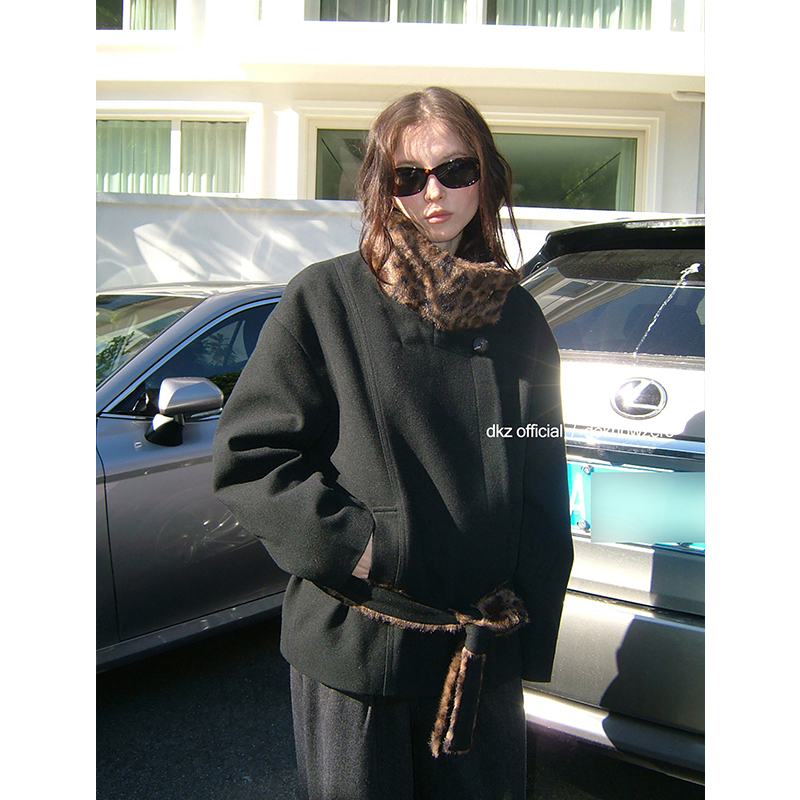 DKZ 豹纹拼接立领夹棉毛呢外套