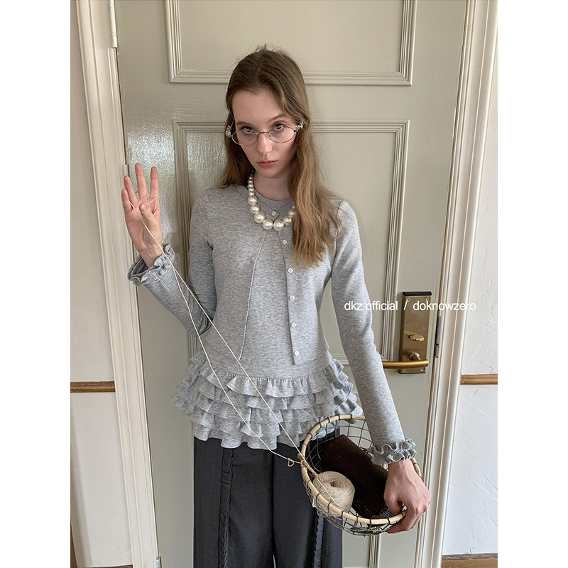 DKZ 微醺浪漫感假两件下摆花边拼接针织开衫蕾丝