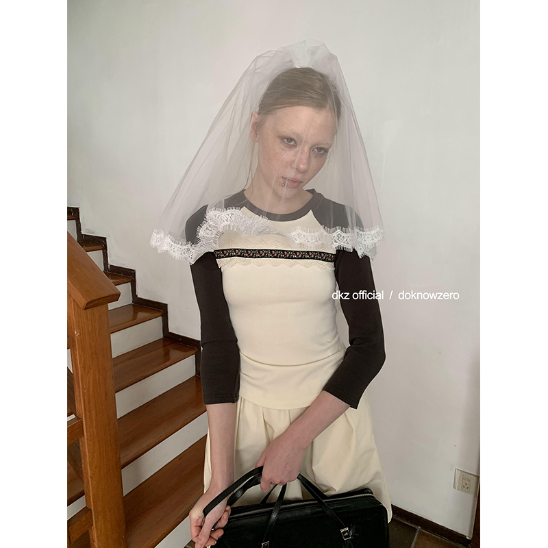 DKZ 蕾丝织带插肩袖T气质长袖复古百搭