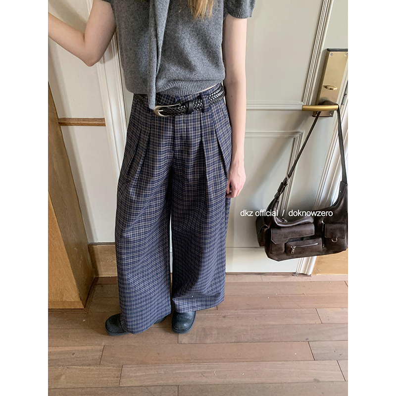 DKZ 轻松OldMoney复古格纹阔腿休闲裤