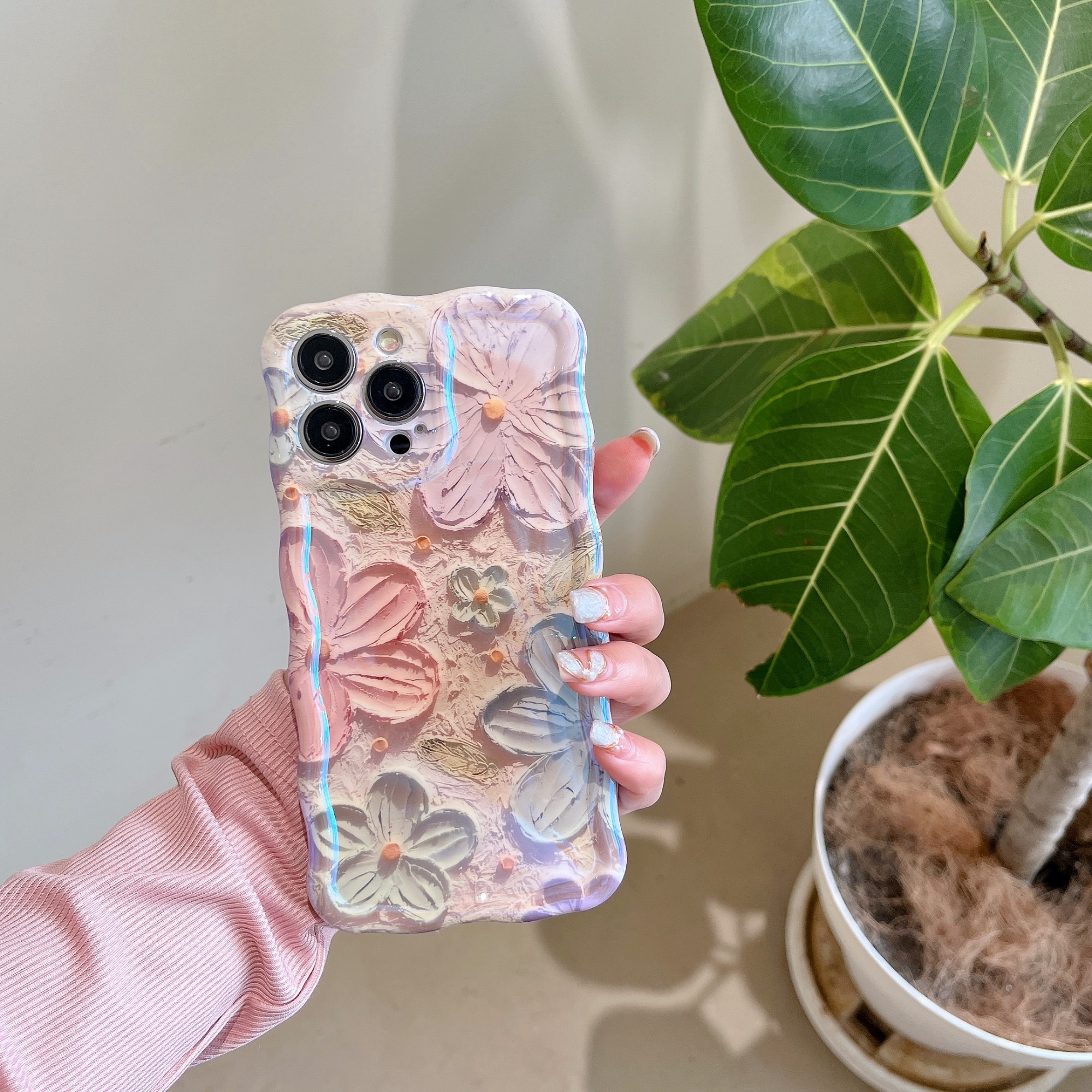 【苹果/华为】iPhone14/mate50防摔波浪边油画花朵蓝光女新手机壳