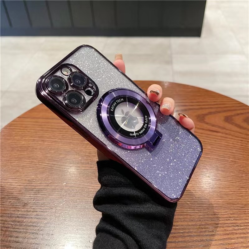 【苹果】iPhone15/14promax电镀防摔闪粉放大镜支架女全包新手机壳
