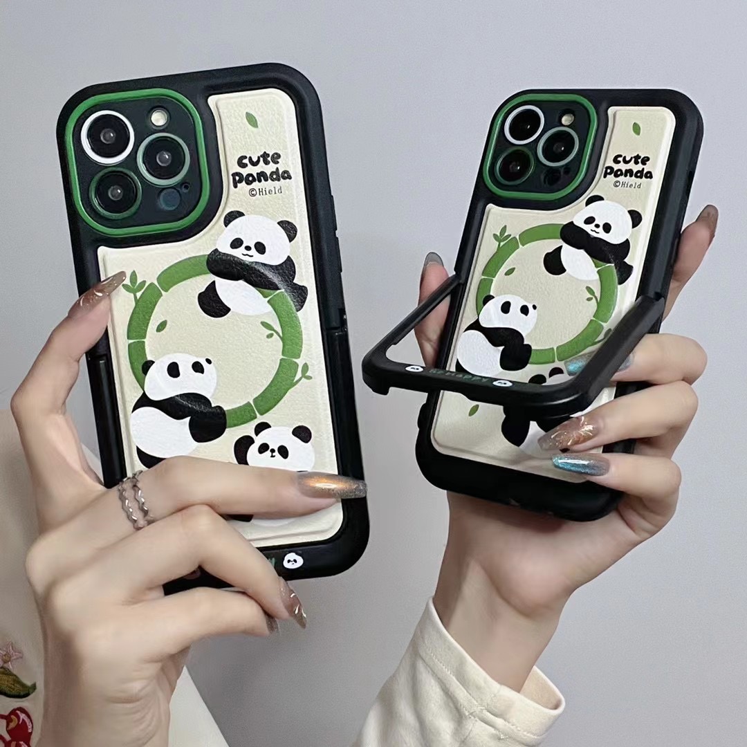 【苹果】iPhone15/14/13promax防摔贴皮熊猫磁吸隐形支架新款手机壳