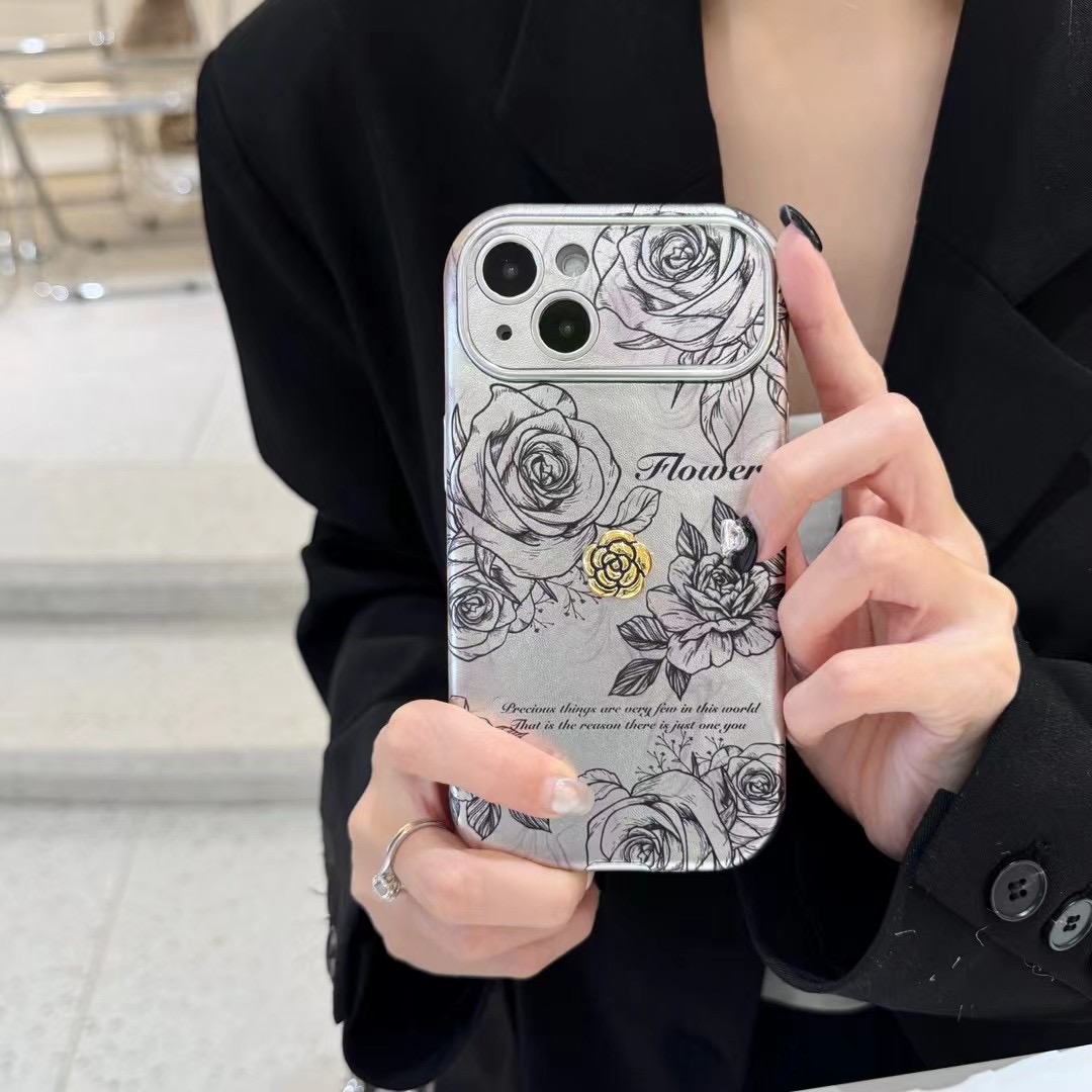 【苹果】iPhone15/14Promax韩风ins小众玫瑰花贴皮防摔女新款手机壳