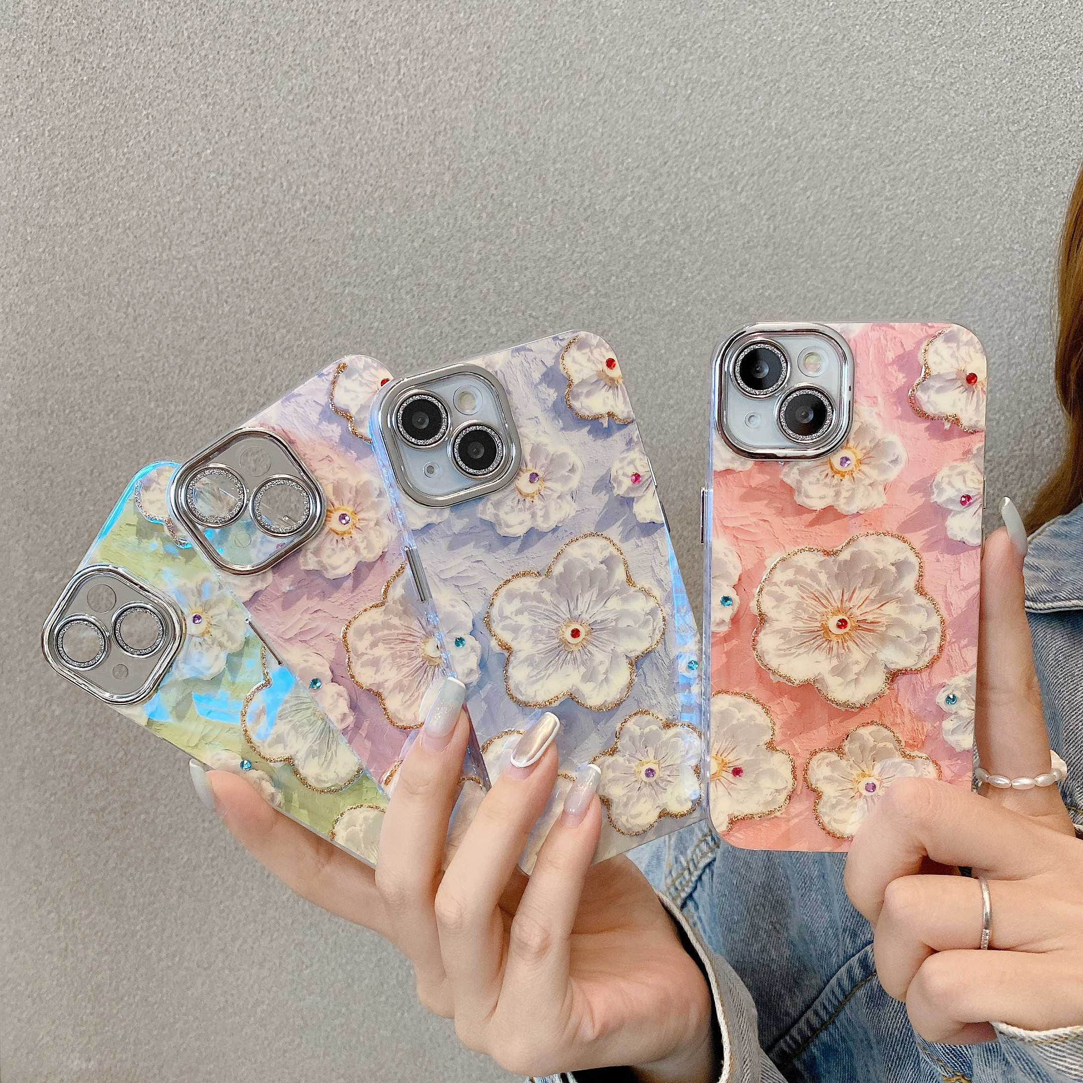 【苹果】iphone15/14Promax点钻油画花朵闪粉镜头膜防摔女新手机壳