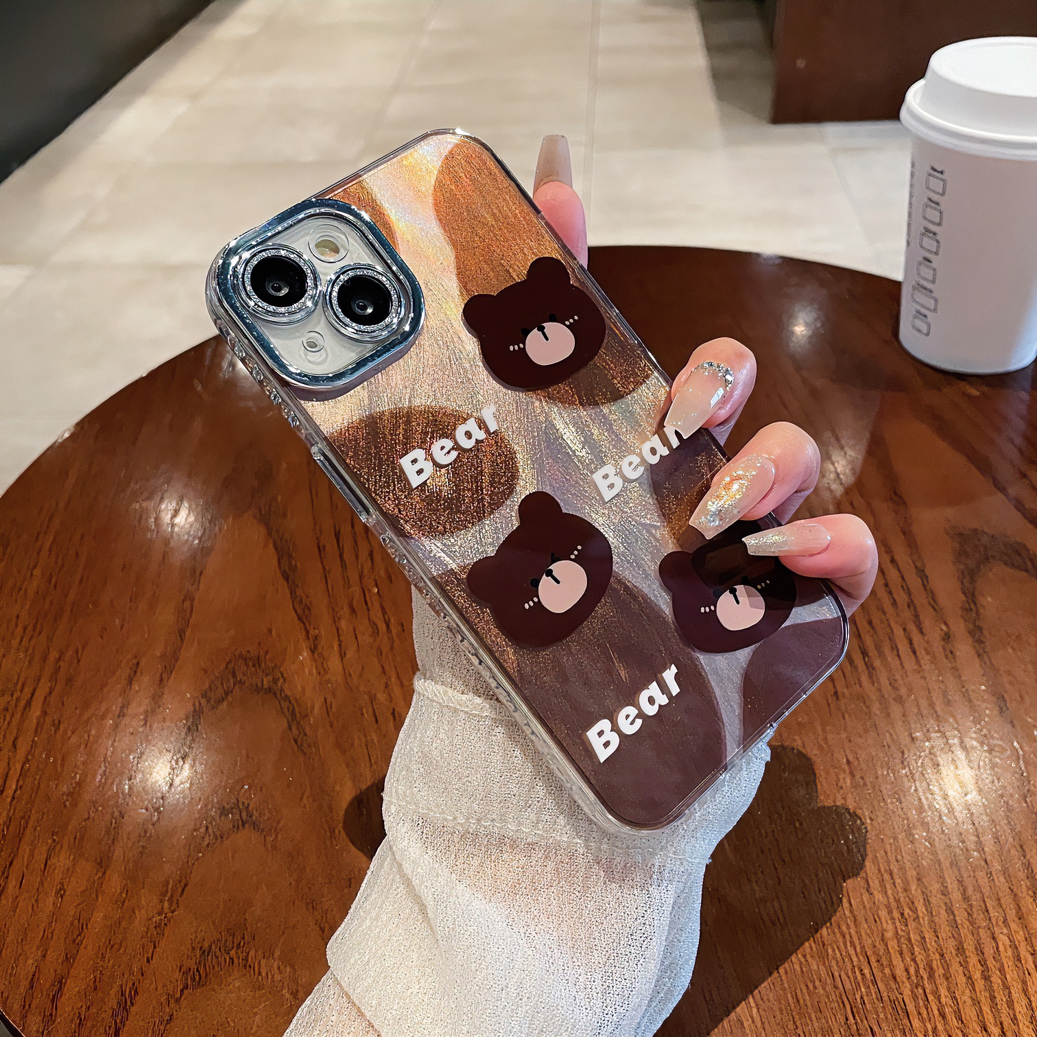 【苹果】iphone15/14promax卡通巧克力棕熊闪粉镜头膜防摔女手机壳