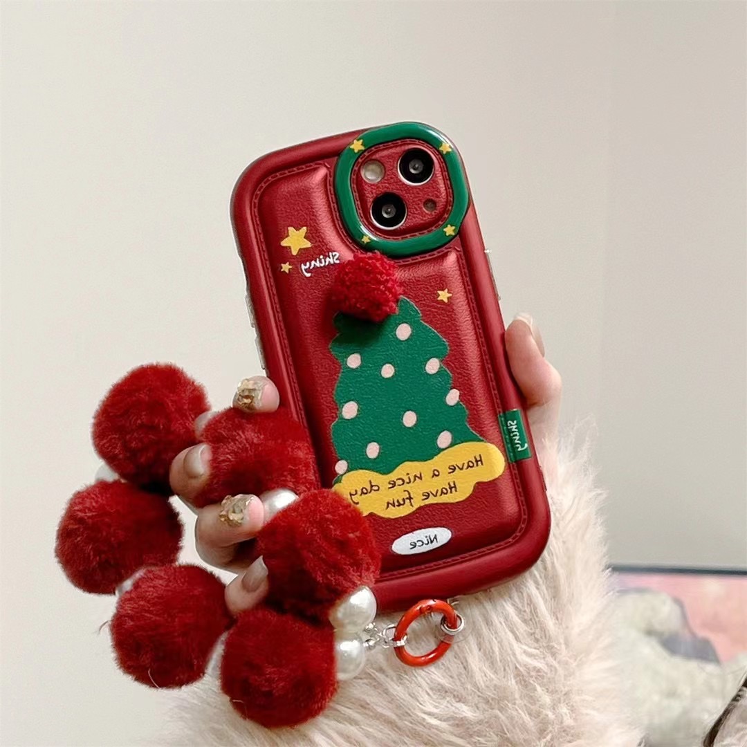 【苹果】iPhone15/14pro/13防摔线条荔枝纹圣诞树女新款手链手机壳