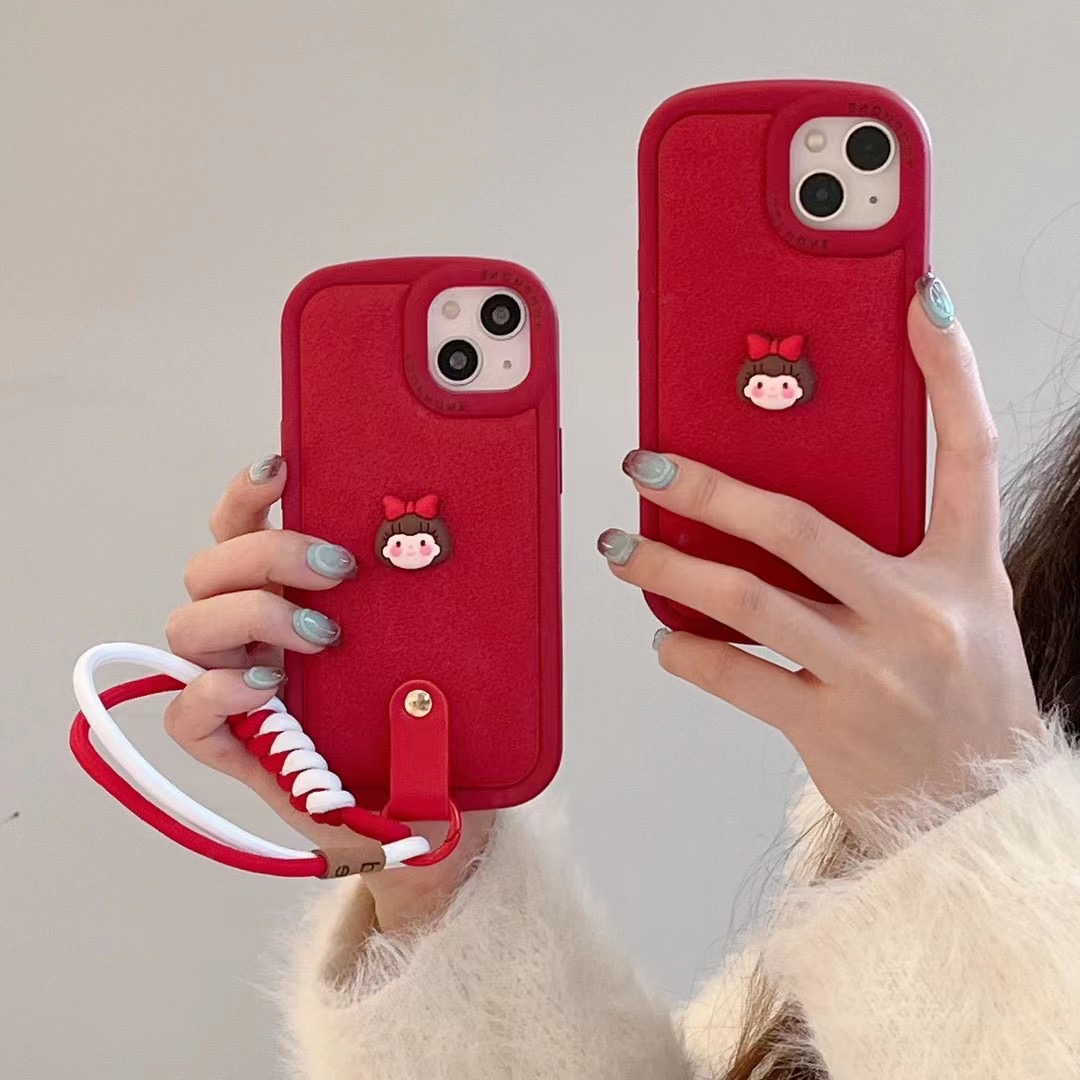 【苹果】iPhone15/14/13promax新年红月坑纹立体女孩手绳款新手机壳