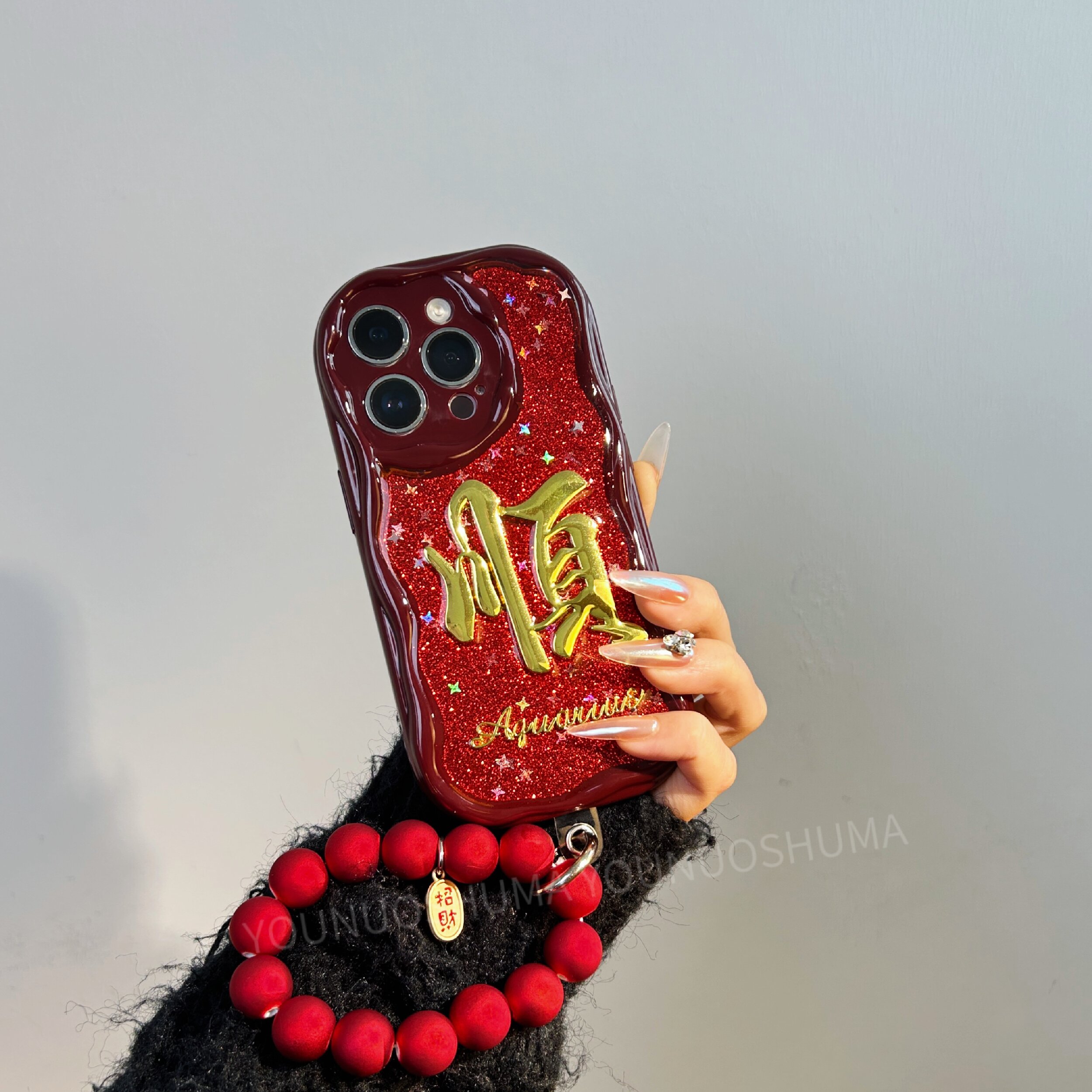 【苹果/华为】iPhone15/Mate60防摔新年红滴胶立体發順闪粉女手机壳