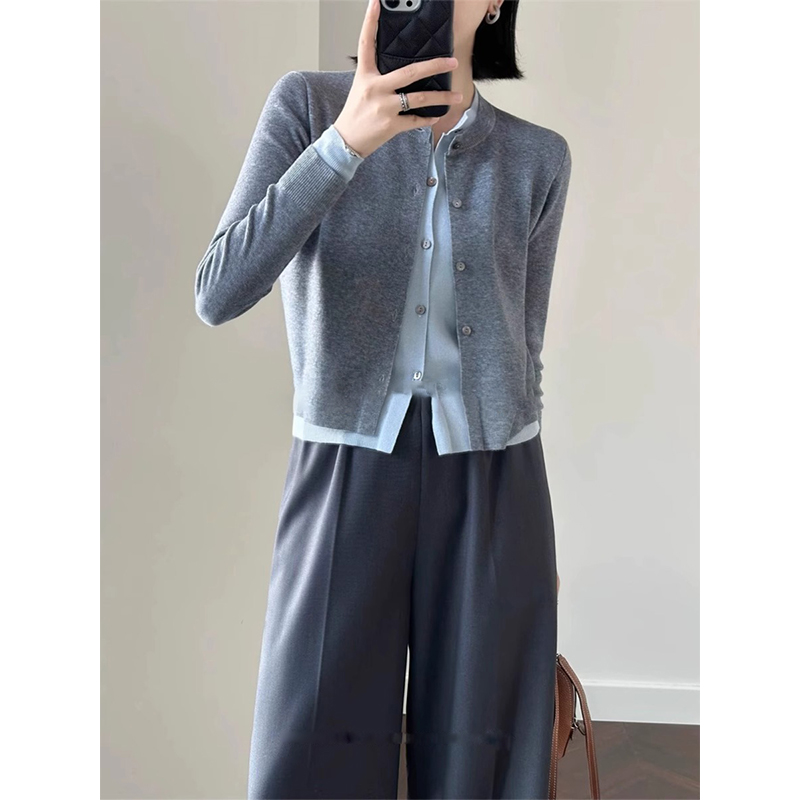 高级感灰色假两件针织开衫女秋季新款设计感撞色毛衣外套短款上衣