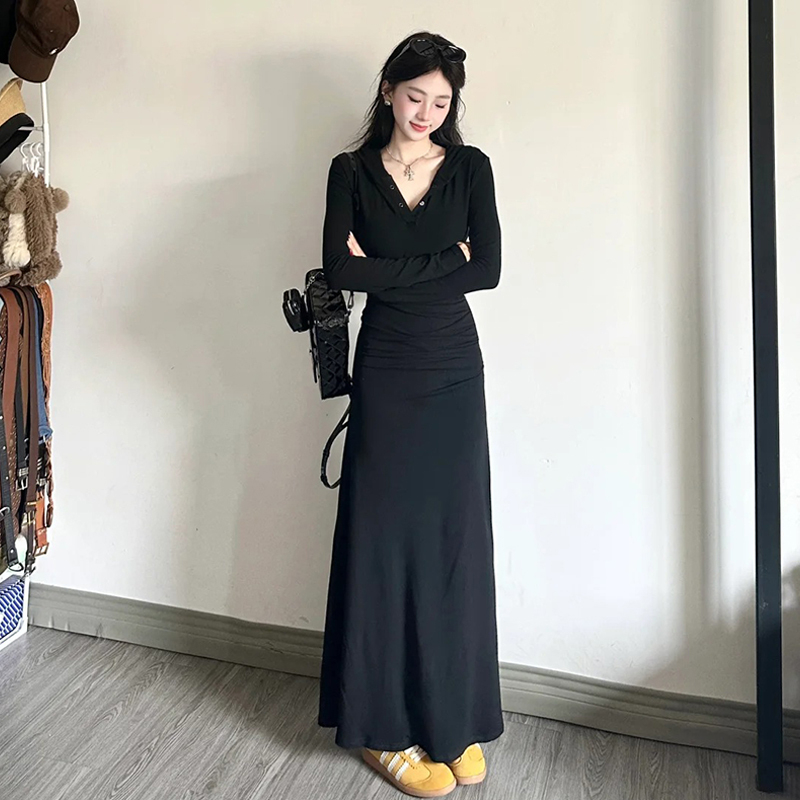 特价小个子穿搭v领黑色长袖套装2025春季法式气质包臀长裙4996