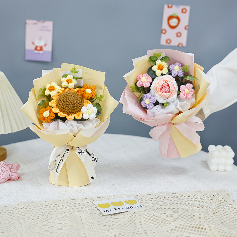 教师节礼物手工钩织康乃馨玫瑰仿真花束带礼盒成品送朋友男女老师