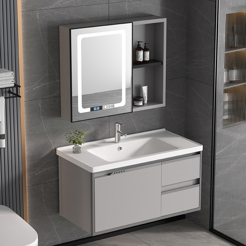 米灰太空铝浴室柜组合陶瓷一体盆柜洗手盆柜组合洗手池智能镜柜