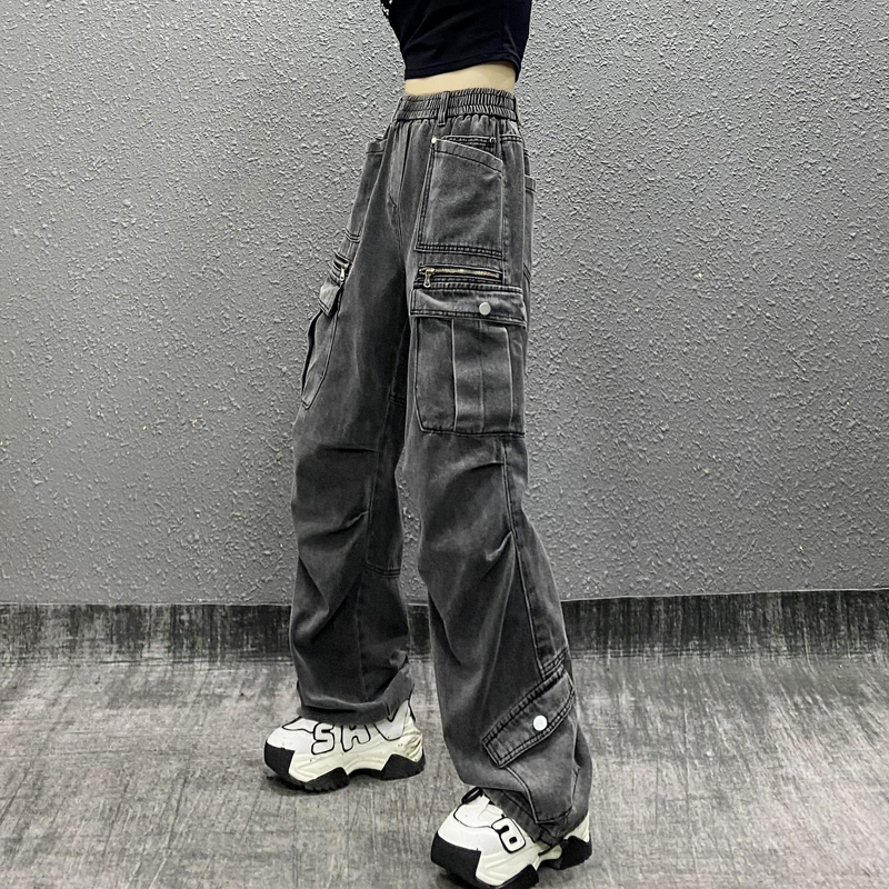 帅气口袋松紧腰工装休闲裤女秋新款高腰宽松显瘦百搭直筒阔腿裤子