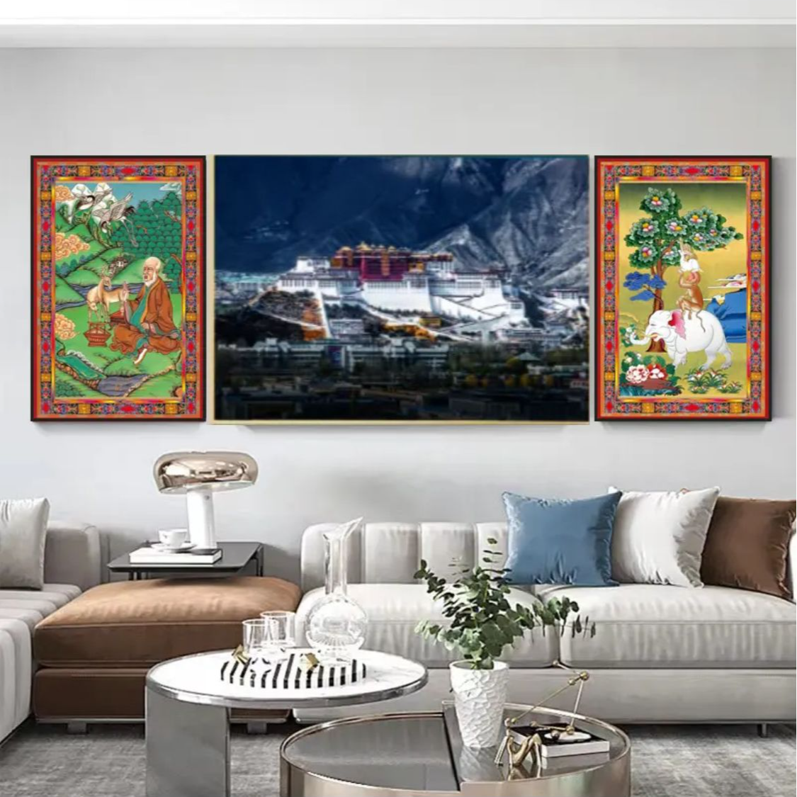西藏包邮藏床背景挂画新藏式客厅背景墙装饰画晶瓷工艺三联画