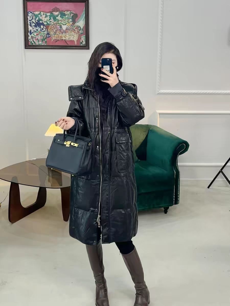 油蜡小牛皮鹅绒服外套帽子可拆卸中长款皮衣加厚真皮外套抽绳冬季