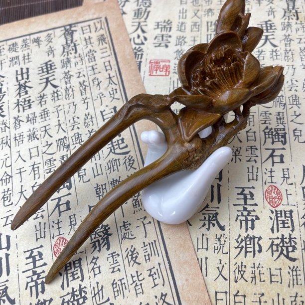 原创手工檀木发簪  双钗芙蓉花